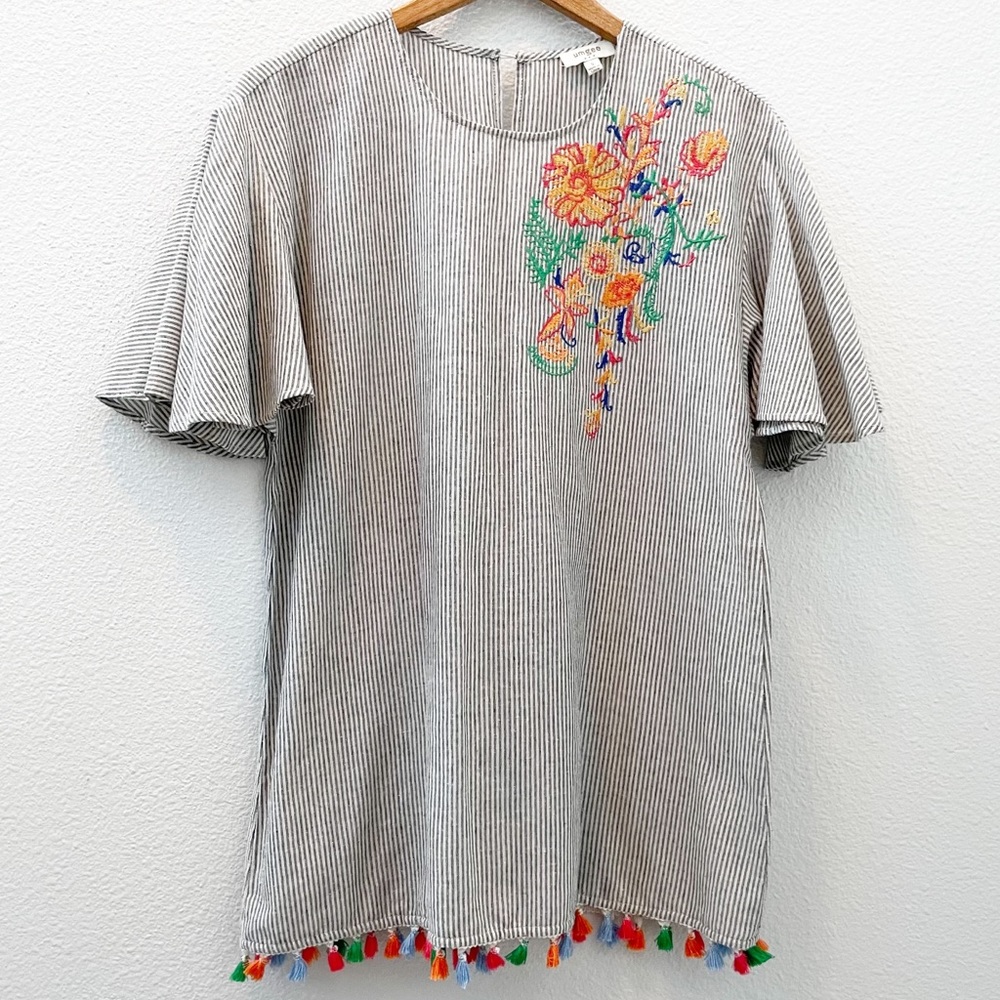 Umgee Striped floral embroidered tunic mini dress with tassels size small